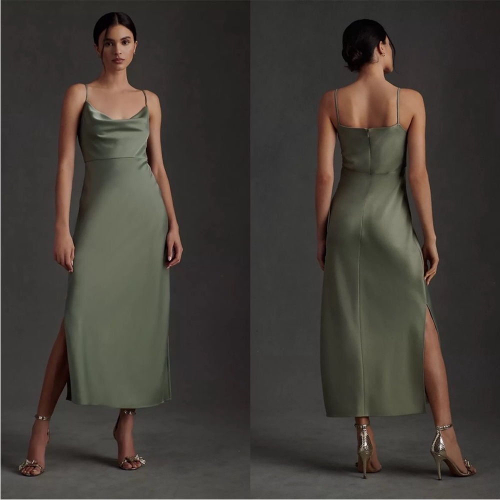 BHLDN Moss Green Satin Midi Bridesmaid Slip Dress